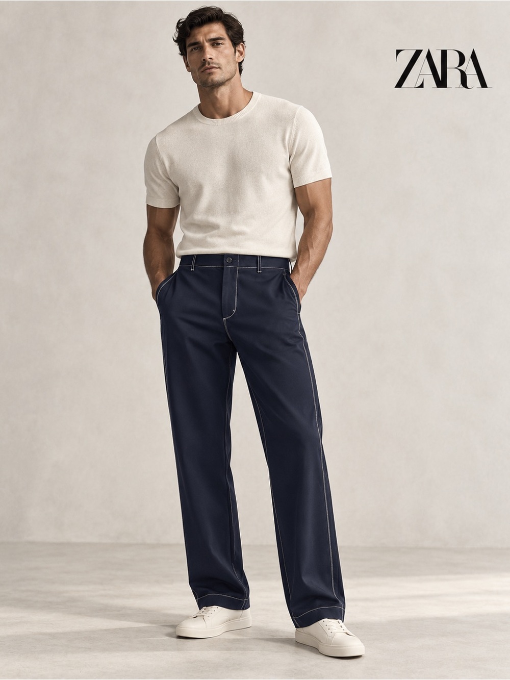 ZARA MEN’S BLUE NAVY CONTRAST TOPSTITCHING PANTS LIMITED EDITION SIZE 31